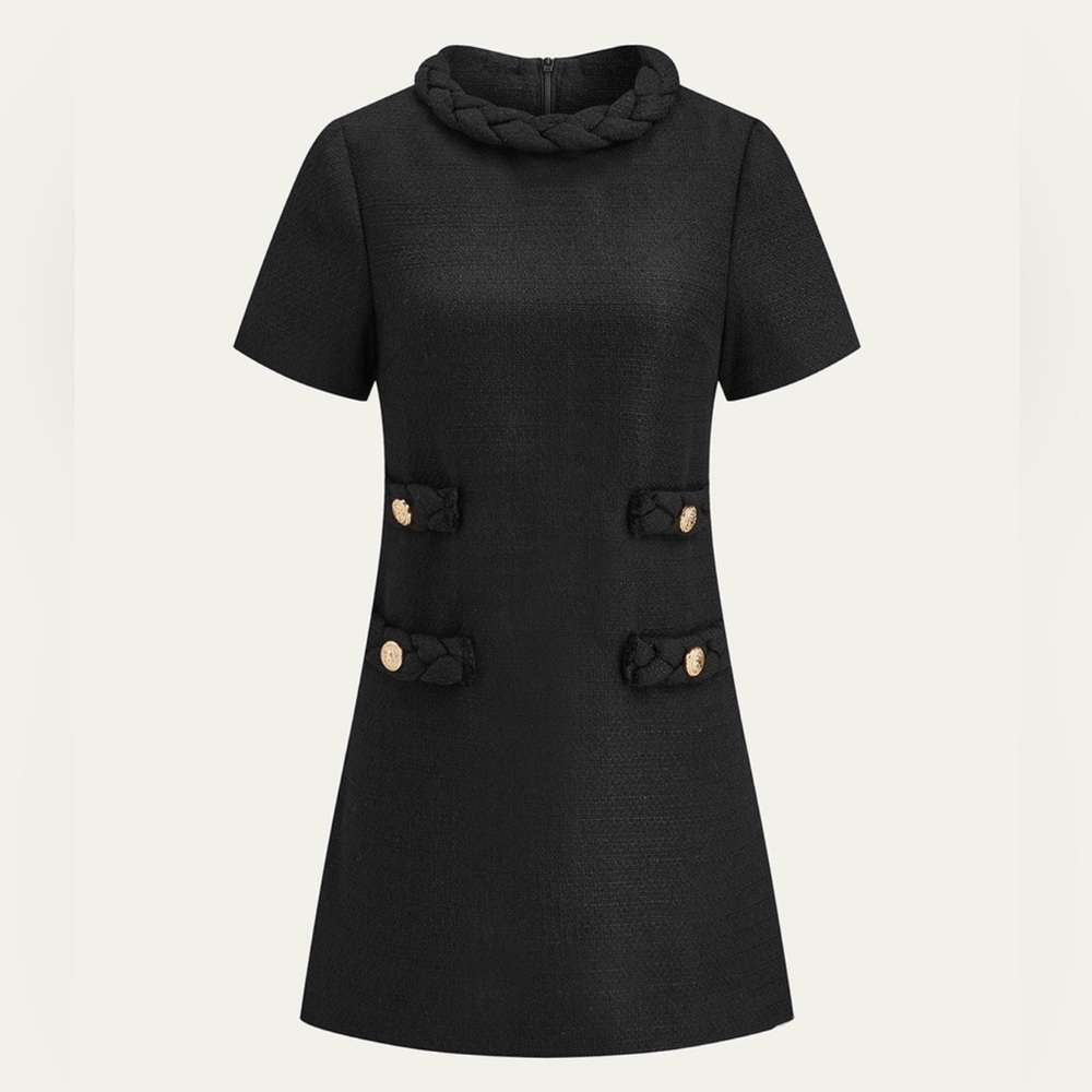 Commense Black Tweed Braided Collar Short Sleeve Dress — Size L